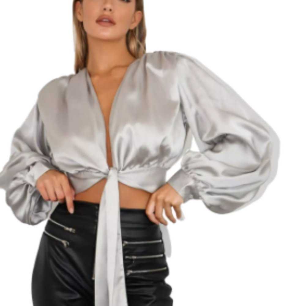Missguided Satin Shoulder Pad Tie Front Crop